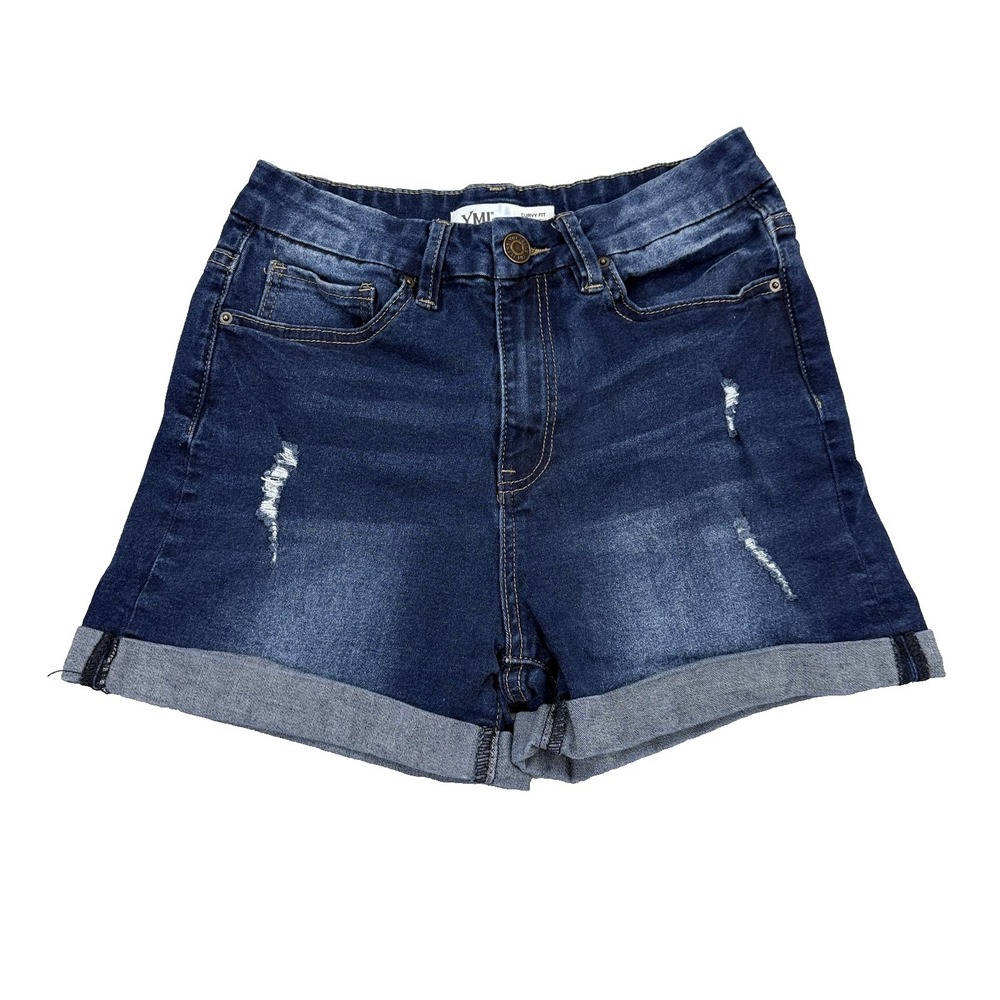 YMI Shorts Juniors 5 Curvy Fit Ultra High Waist Blue Denim Cuffed Distressed
